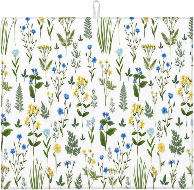 Blue Yellow Wildflower Dish Drying Mats for Kitchen Counter, Vintage Botanic Fern Leaves Floral Kitchen Drainer Pad, Absorbent Microfiber Reusable Washable Dish Draining Mats, Home Decor, 16 x 18 inch