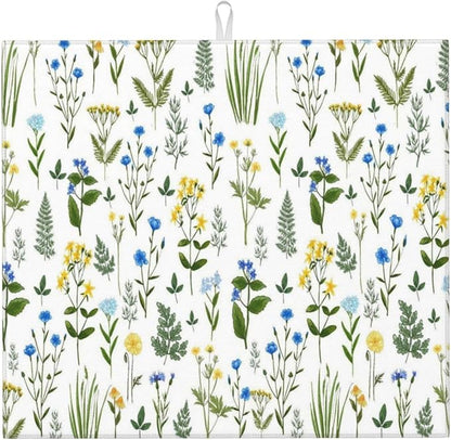 Blue Yellow Wildflower Dish Drying Mats for Kitchen Counter, Vintage Botanic Fern Leaves Floral Kitchen Drainer Pad, Absorbent Microfiber Reusable Washable Dish Draining Mats, Home Decor, 16 x 18 inch