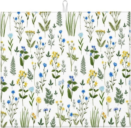Blue Yellow Wildflower Dish Drying Mats for Kitchen Counter, Vintage Botanic Fern Leaves Floral Kitchen Drainer Pad, Absorbent Microfiber Reusable Washable Dish Draining Mats, Home Decor, 16 x 18 inch