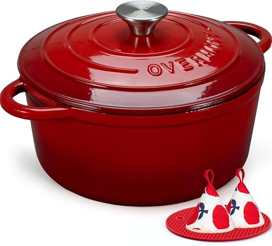 Overmont 5.5QT Enameled Cast Iron Dutch Oven with Lid Cookbook Heavy-Duty Casserole with Dual handles for Braising, Stews, Roasting, Sourdough Baking by Overmont