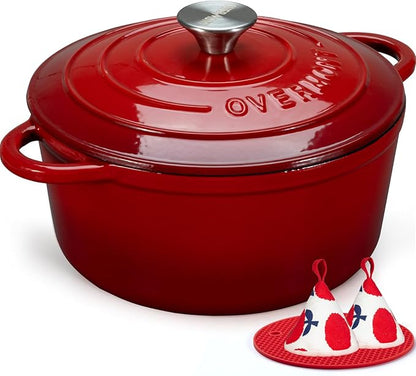 Overmont Enameled Cast Iron Dutch Oven - 7QT Pot with Lid Cookbook & Cotton Potholders - Heavy-Duty Cookware for Braising, Stews, Roasting, Sourdough Baking red by Overmont