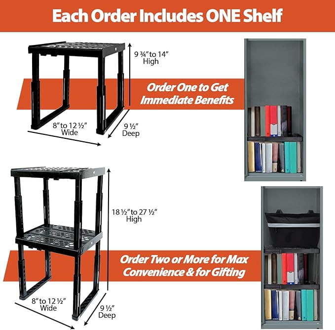 Piffny Locker Organizer Shelf， Adjustable Width and Height, Ideal Locker for School, Office, and Gym Lockers (Black 2 Pack), PLKSLF01
