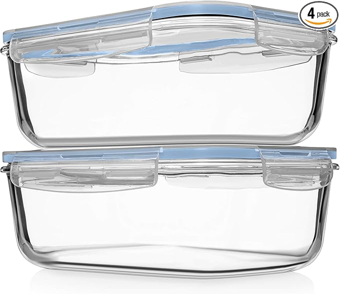 Razab 4 PC 1860ml / 63 Oz / 8 Cups Large Glass Food Storage Containers with Lids - Glass Meal Prep Containers for Roasting & Storing Leftover, Lunch Container with Lids, Microwave & Oven Safe by RazabHomeGoods