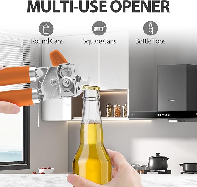 Safring Can Opener Manual, Heavy Duty Handheld Strong Can Opener with Soft Touch Handle, Sharp Blade Smooth Edge, Can Openers with Multifunctional Bottle Opener, Orange - Image 5