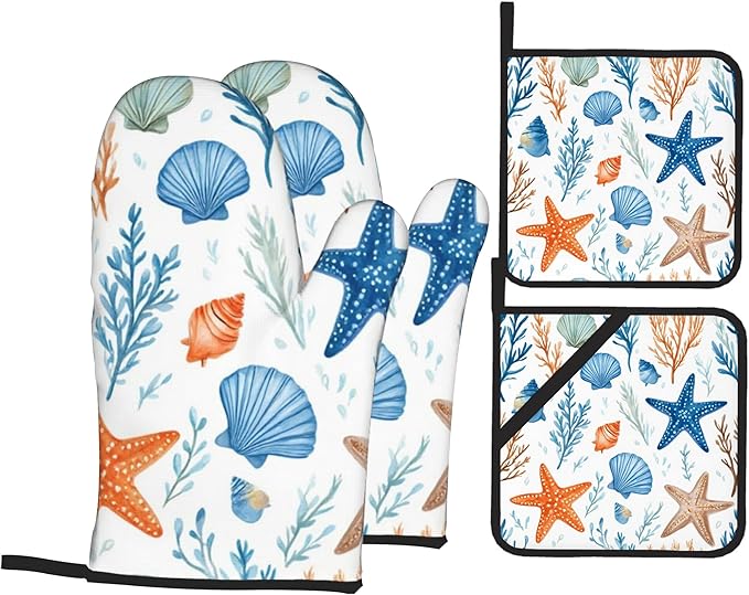 Starfish Shell Pattern Oven Gloves and Hot Pads Set - Heatproof Hand Protection for Baking, Grilling, Cooking 4Pcs