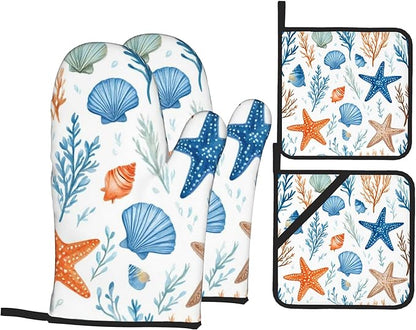 Starfish Shell Pattern Oven Gloves and Hot Pads Set - Heatproof Hand Protection for Baking, Grilling, Cooking 4Pcs