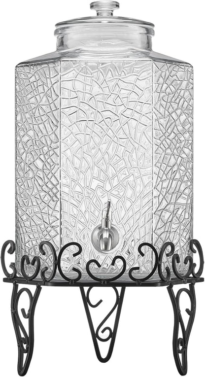 VEVOR Beverage Dispenser, 2.5 Gallon Drink Dispensers for Parties, Glass Juice Dispenser with Metal Stand, Stainless Steel Spigot, Iced Tea Lemonade Juice Water Dispensers for Parties