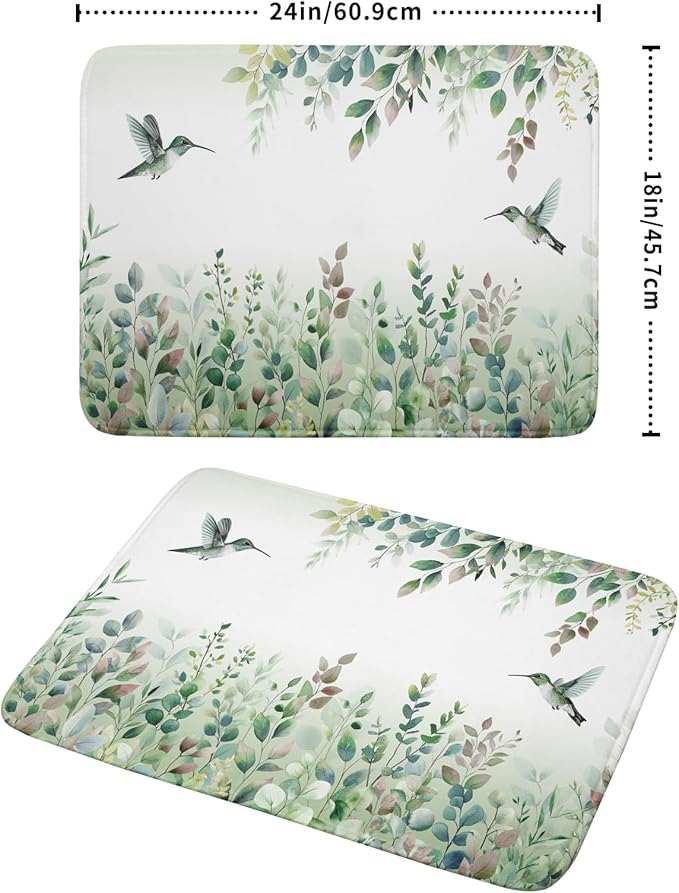 Giwawa Hummingbird Dish Drying Mat for Kitchen Countertop, Spring Summer Sage Green Eucalyptus Leaves Dish Drainer Mats, Herb Botanical Microfiber Dish Drying Pad Home Decor, 18"x24", Large