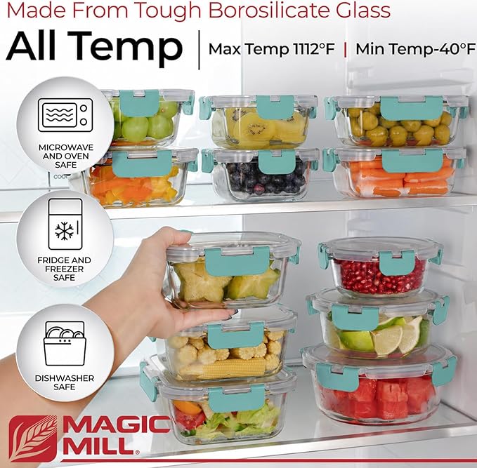 Magic Mill Premium Borosilicate Glass Food Storage Containers with lids Set | 24pc Sets with 12 Bowls & 12 Airtight Locking Lids for Lunch & Meal Prep, Safe for Oven, Freezer, Dishwasher, BPA-Free - Image 4