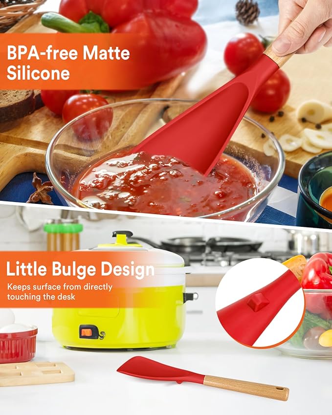 Cooking Spoon for Nonstick Cookwares, Great for Cooking and Serving Sturdy BPA-Free Matte Silicone, Wood Handle Spoon for Mixing, Scoop, and Scrape (2 Pack of Red, 13.4 inch) - Image 5