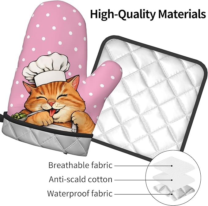 Cat Oven Mitts - Pink Oven Mitts and Pot Holders Sets of 2 Cute Kitten Cooker Kitchen Mitts Hot Pads for Baking Grilling - Image 4