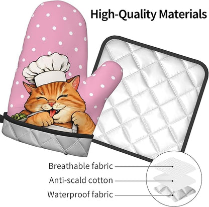 Cat Oven Mitts - Pink Oven Mitts and Pot Holders Sets of 2 Cute Kitten Cooker Kitchen Mitts Hot Pads for Baking Grilling - Image 4