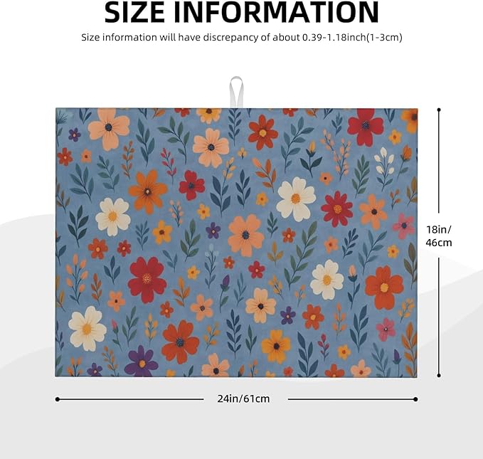 Blue Wildflowers Dish Drying Mats for Kitchen Counter, Large 18"x24" Dish Mats for Drying Dishes, Microfiber Absorbent Dish Drying Pad Rack Mat Kitchen Decor Reusable Washable
