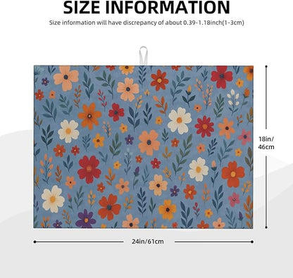 Blue Wildflowers Dish Drying Mats for Kitchen Counter, Large 18"x24" Dish Mats for Drying Dishes, Microfiber Absorbent Dish Drying Pad Rack Mat Kitchen Decor Reusable Washable