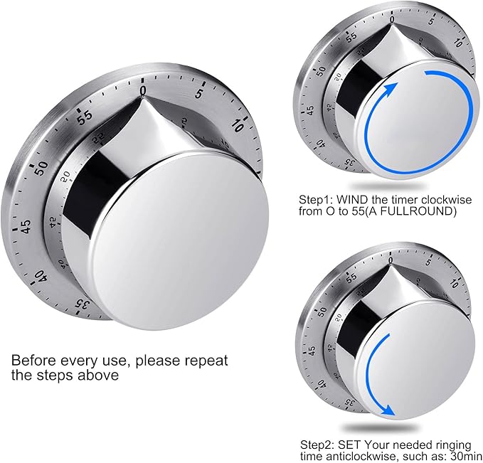 Albayrak Kitchen Timer, Chef Cooking Timer Clock with Loud Alarm, No Batteries Required, 100% Mechanical - Magnetic Backing, Exquisite Stainless Steel Body - Countdown Reminder - Silver 1Pack - Image 5
