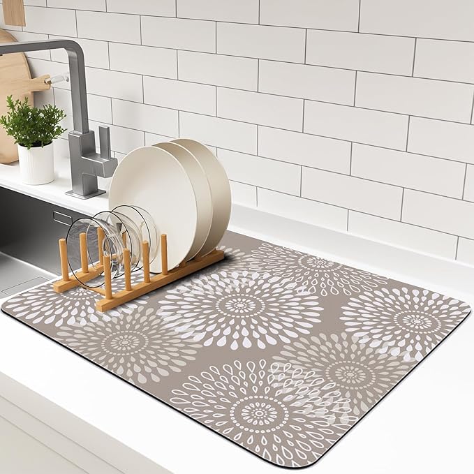 LuxStep Dish Drying Mat Super Absorbent Kitchen Counter Mat Rubber Backing Draining Mat Easy to Clean Kitchen Accessories Dish Rack Pad for Dishes, Utensils, Countertops, Sinks 15" x 18" Khaki by LuxStep
