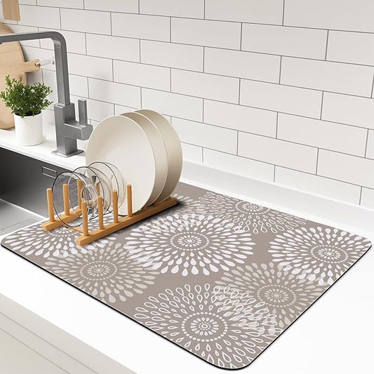 LuxStep Dish Drying Mat Super Absorbent Kitchen Counter Mat Rubber Backing Draining Mat Easy to Clean Kitchen Accessories Dish Rack Pad for Dishes, Utensils, Countertops, Sinks 15" x 18" Khaki by LuxStep