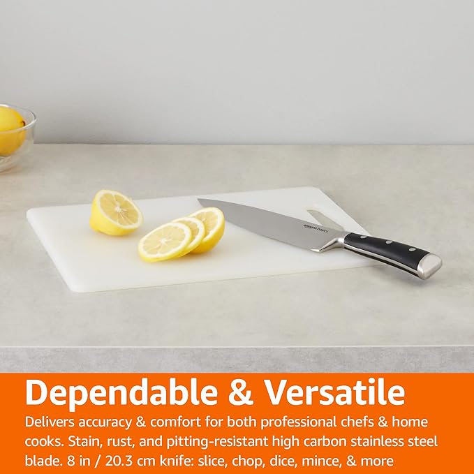 Amazon Basics Classic 8-inch Full Tang High Carbon Stainless Steel Chef's Knife, Multipurpose Kitchen Knife with Three Rivets, Silver - Image 6