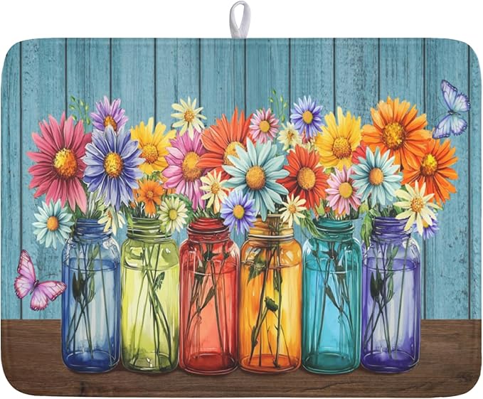 Vintage Floral Dish Drying Mat for Kitchen Counter Rustic Flower Vases Wooden Board Microfiber Dish Drainer Mat Spring Summer Absorbent Washable Drying Pad Extra Large 18"x24"
