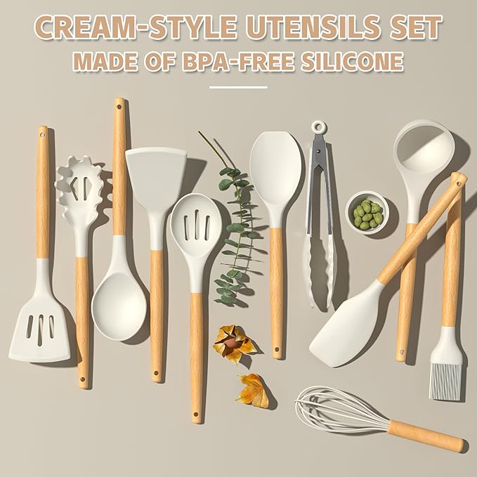 Umite Chef Kitchen Cooking Utensils Set, 33 pcs Non-stick Silicone Cooking Kitchen Utensils Spatula Set with Holder, Wooden Handle Silicone Kitchen Gadgets Utensil Set (Cream White) - Image 4