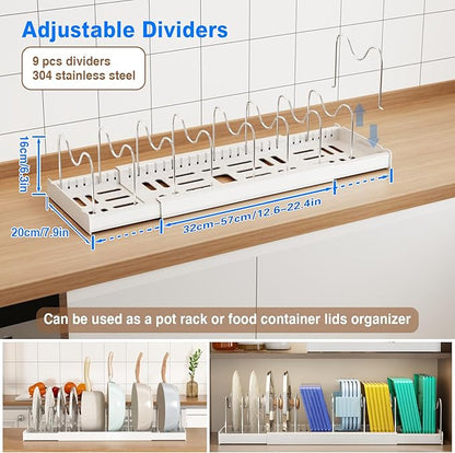 Mustorn Pots and Pans Organizer Under Cabinet, 22" Expandable Food Storage Container Lid Organizers with 9 Adjustable Dividers Pot and Pan Lid Holders Rack Inside Cabinet/Countertop(1 Pack, White) - Image 2