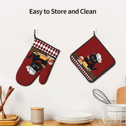 Cat Pot Holders and Oven Mitts - Red Cooking Gloves Hot Pads for Kitchen Fun Chef Gifts for Cooking Lover Cooks - Image 6