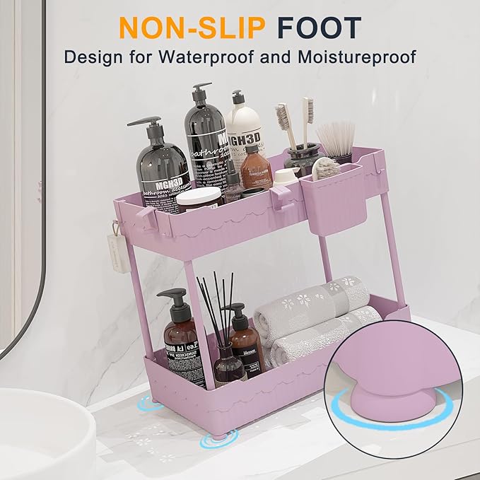 Sevenblue 2 Pack Under Sink Organizer, Under Bathroom Cabinet Organizer with Hooks Hanging Cup, Multi-Purpose Storage Shelf for Kitchen Bathroom (Pink, 14.8 Inch) - Image 6