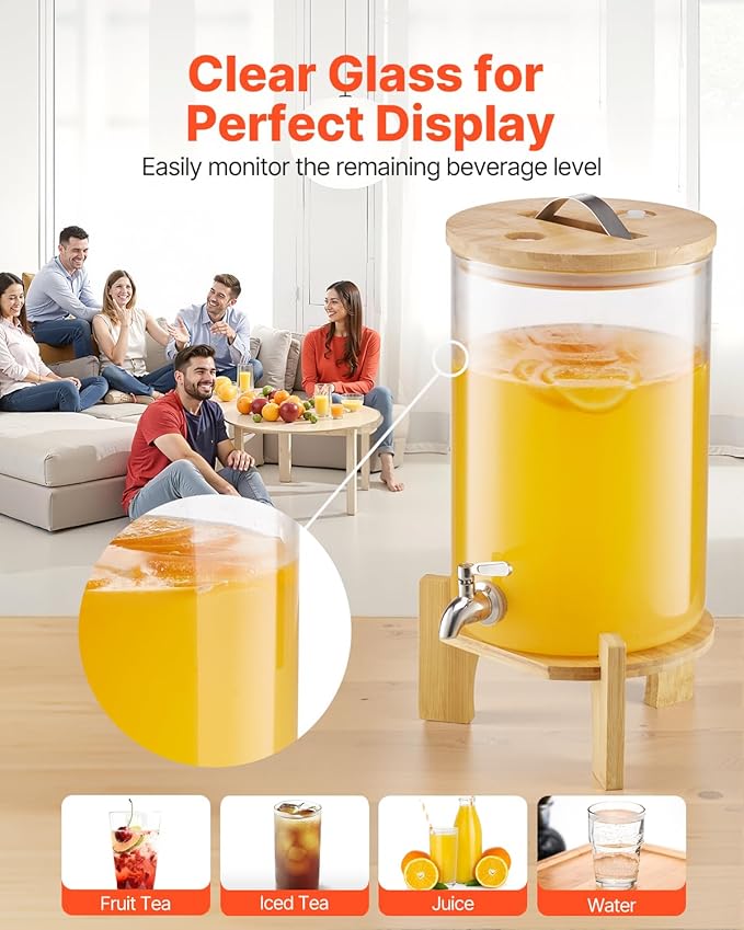 VEVOR Beverage Dispenser, 2.2 Gallon Drink Dispensers for Parties, Glass Juice Dispenser with Wood Stand, Stainless Steel Spigot, Iced Tea Lemonade Juice Water Dispensers for Parties