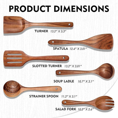 Wooden Spoons for Cooking 6 Piece, Natural Kitchen Utensils Spatula, Smooth Finish Wooden Cooking Utensils Spoons, Filter Spoon, Salad Fork - Image 3