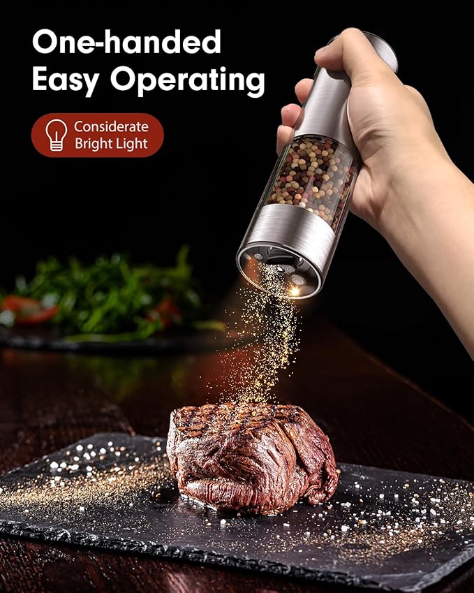 TOMEEM Upgraded Larger Capacity Electric Salt and Pepper Grinder Set Rechargeable with LED lights, Stainless Steel Automatic Pepper and Salt Grinder Refillable with 5 Adjustable Coarseness - Image 2