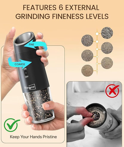 Gravity Electric Salt and Pepper Grinder Set with Charging Base, Automatic Gravity Salt and Pepper Mill with Adjustable Coarseness, LED Light, 135ml Large Capacity, Gifts for Women
