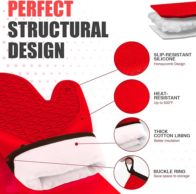 Silicone Oven Mitts, Heat Resistant 2PCS Oven Mitts with Soft Cotton Lining, Waterproof Non-Slip Grip Oven Glove, Kitchen Potholder Mits for BBQ, Baking, Cooking, 12.5 Inch - Red - Image 3