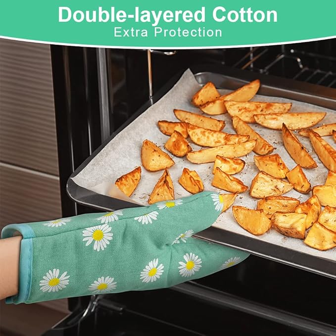 AUAUY Oven Mitts and Potholders, BBQ Gloves Heat Resistant, 1 Pair Oven Mitts and 2 Pot Holders, Cotton Non-Slip Cooking Gloves Home Essentials for Cooking Baking Kitchen Microwave Pizza (Daisy-Green) - Image 3