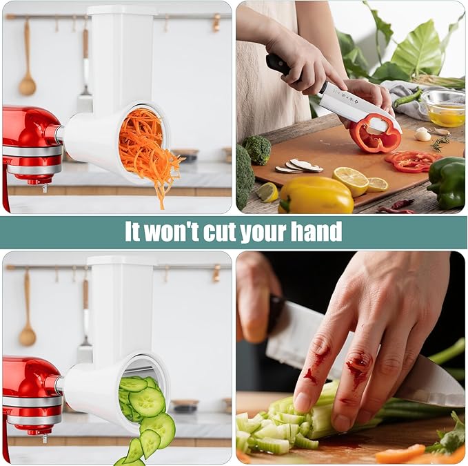 Slicer Shredder Attachment for KitchenAid Stand Mixer, Cheese Grater Attachment for Kitchenaid, Salad Maker, Grinding Powder, Dishwasher Safe with 4 Blades, White - Image 7