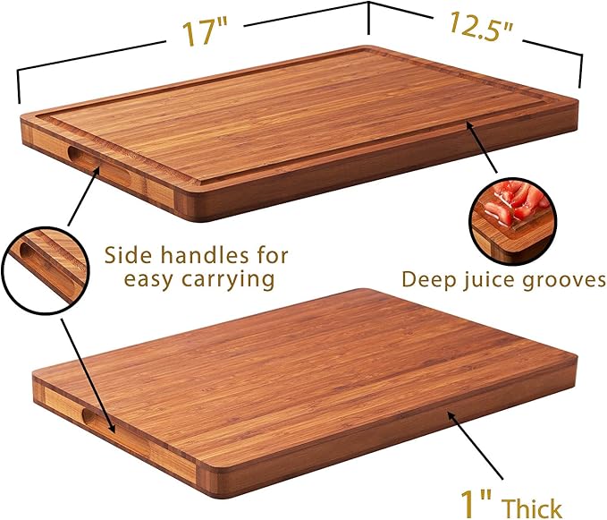 Allsum Large Wood Cutting Board for Kitchen, 1” Thick Bamboo Cheese Charcuterie Board, Butcher Chopping Block, with Juice Grooves and Handles - Image 6