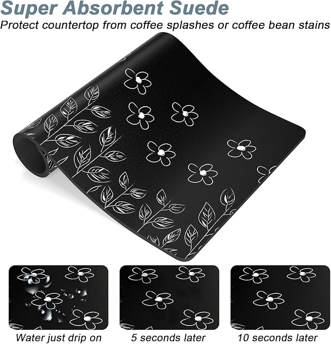 Rnivvi Coffee Mat, 12" x 19" Cute Coffee Bar Mats for Espresso Machine Station Accessories and Organizer, Hide Stain Rubber Backed Absorbent Dish Drying Pad for Kitchen Counter, Black White Flowers - Image 3