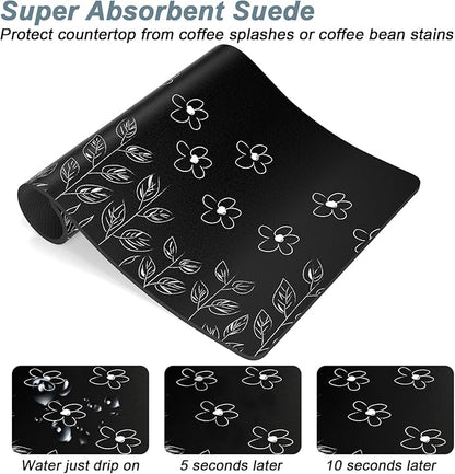 Rnivvi Coffee Mat, 12" x 19" Cute Coffee Bar Mats for Espresso Machine Station Accessories and Organizer, Hide Stain Rubber Backed Absorbent Dish Drying Pad for Kitchen Counter, Black White Flowers - Image 3
