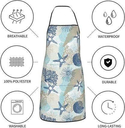 Nautical Coastal Oven Mitts Pot Holders Cooking Apron Set of 5 Silicone Starfish Seashell Coral Algae Beach Themed Blue Kitchen Glove Apron Non-Slip Heat Resistant for Chef Baking Cooking