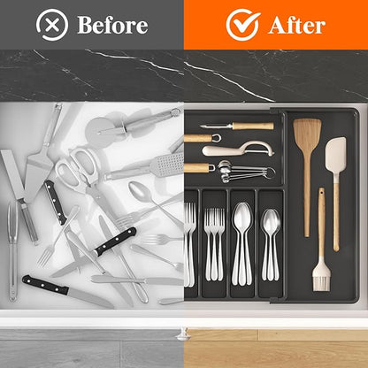 Lifewit Silverware Drawer Organizer, Expandable Utensil Tray for Kitchen, BPA Free Flatware and Cutlery Holder, Adjustable Plastic Storage for Spoons Forks Knives, 17- 30 x 18.5", Black - Image 6