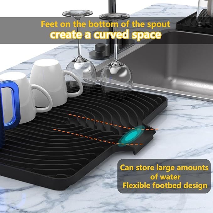 Silicone Dish Drying Mat for Kitchen Counter , Dish Drying Rack Matt with Built in Drain, 18 Inch dish Dry Mats for Kitchen Counter,Bumps up sink Applicable (18×12inch Extra Raised, black)