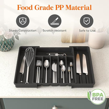 Lifewit Silverware Drawer Organizer, Expandable Utensil Tray for Kitchen, BPA Free Flatware and Cutlery Holder, Adjustable Plastic Storage for Spoons Forks Knives, 33 -57 x 42cm, Black - Image 8