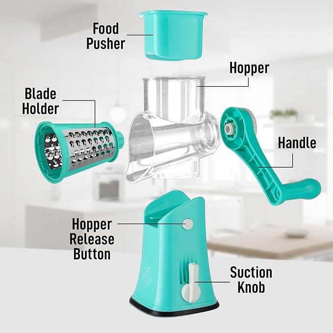 Zulay Kitchen Rotary Cheese Grater 5 Blade Cheese Shredder - Manual Hand Crank Cheese Grater With Reinforced Suction & 5 Interchangeable Drums - Easy to Use, Vegetable Chopper Round Mandoline Slicer - Image 8