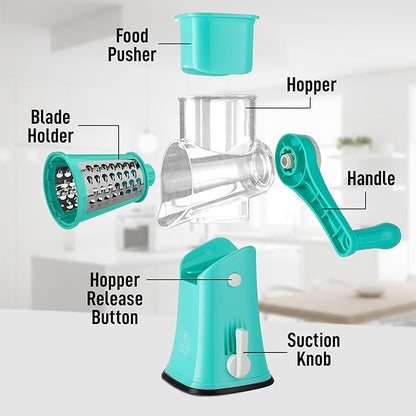 Zulay Kitchen Rotary Cheese Grater 5 Blade Cheese Shredder - Manual Hand Crank Cheese Grater With Reinforced Suction & 5 Interchangeable Drums - Easy to Use, Vegetable Chopper Round Mandoline Slicer - Image 8