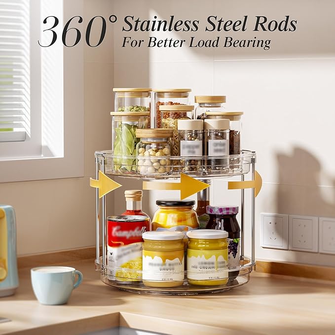 LAMU 3 Pack 10.6'' 2-Tier Lazy Susan Turntable Organizer Rotating Spice Rack Organization for Cabinet, Kitchen, Pantry, Countertop, Bathroom, Vanity, Makeup Organizer, Clear - Image 2