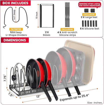 Better Things Home 7.5” Wide 12-Slot Adjustable Large Pan and Pot Lid Organizer with Scratch-Free Pads, Expandable Pot Lid Holder Rack for Cabinet, Pots and Pans Organizer Inside Cabinet - Image 4
