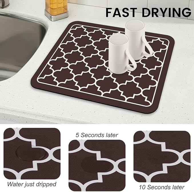 WISELIFE Dish Drying Mat Super Absorbent Drying Mat Large Dish Drying Mats for Kitchen Counter Easy Clean Dish Mat Kitchen Drying Mat15"x 18" Stylish Chocolate - Image 4