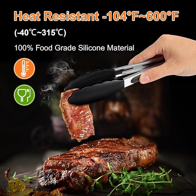 2 Pack Black Premium Stainless Steel Heat Resistant Kitchen Tongs for cooking,set of 9" and 12",Non Scratch Silicone cooking Tong Tip for Cooking Pans,Strong Grip BBQ tongs for Grabbing Hot Food - Image 3