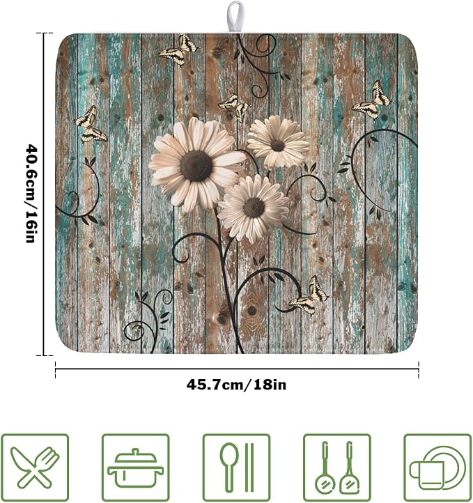 Dish Drying Mat for Kitchen Counter 16 x 18 Inch Rustic Vintage Daisy Floral Dish Drainer Mat Absorbent Microfiber Farmhouse Flowers Wooden Board Dish Rack Pad for Coffee Dining Bar Decor