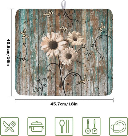 Dish Drying Mat for Kitchen Counter 16 x 18 Inch Rustic Vintage Daisy Floral Dish Drainer Mat Absorbent Microfiber Farmhouse Flowers Wooden Board Dish Rack Pad for Coffee Dining Bar Decor