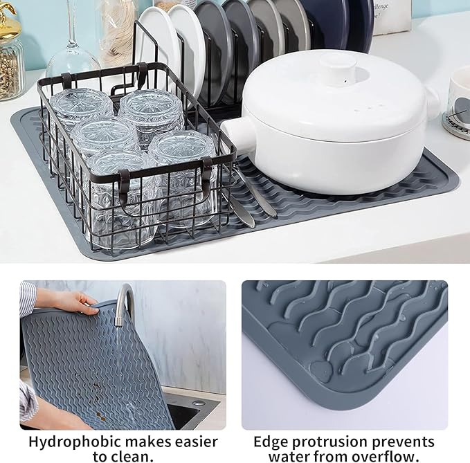 Silicone Dish Drying Mat - 2 Packs of Non-Slip Silicone Mat Easy Clean Drying Mat Large Heat-Resistant Dish Drainer Mat for Kitchen Counter, Sink, Refrigerator or Drawer Liner(16"x12", 12''x 6'' GREY) - Image 6